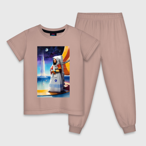Детская пижама хлопок с принтом Space Gioconda - neural network - cyberpunk, вид спереди #2