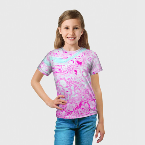 Детская футболка 3D с принтом Розовые краски в воде, вид сбоку #3