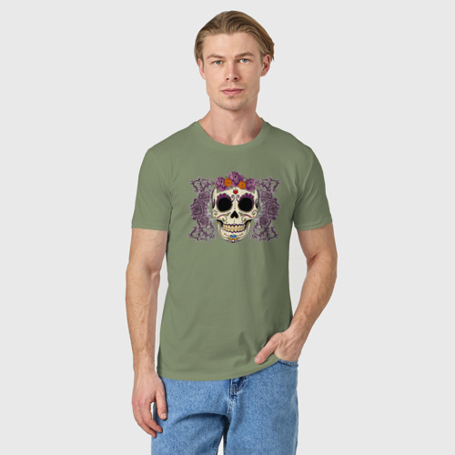 Мужская футболка хлопок Мексиканский череп и фиолетовый розы, цвет авокадо - фото 3