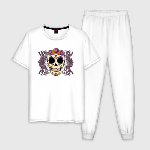 Мужская пижама хлопок Мексиканский череп и фиолетовый розы, цвет белый
