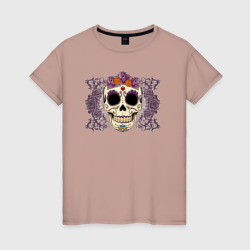 Женская футболка хлопок Мексиканский череп и фиолетовый розы