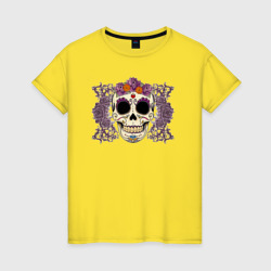 Женская футболка хлопок Мексиканский череп и фиолетовый розы