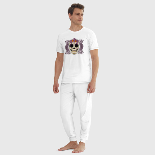 Мужская пижама хлопок Мексиканский череп и фиолетовый розы, цвет белый - фото 5