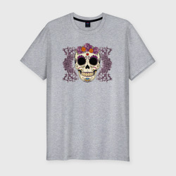 Мужская футболка хлопок Slim Мексиканский череп и фиолетовый розы