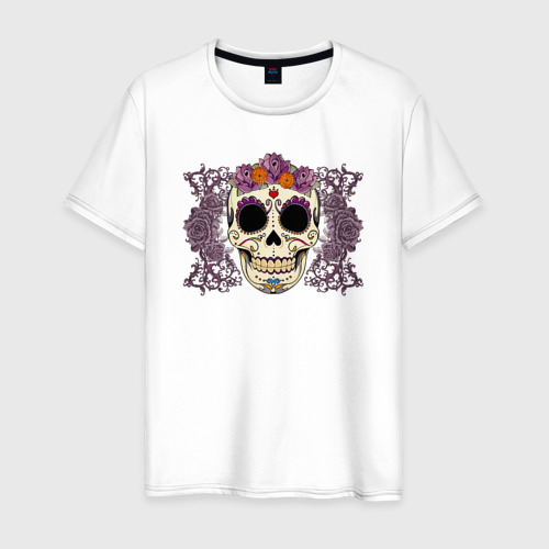 Мужская футболка из хлопка с принтом Мексиканский череп и фиолетовый розы, вид спереди №1