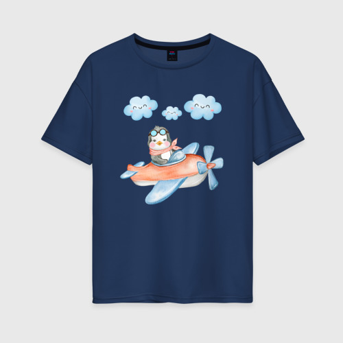 Женская футболка хлопок Oversize с принтом Маленький пингвин летит на самолете, вид спереди #2