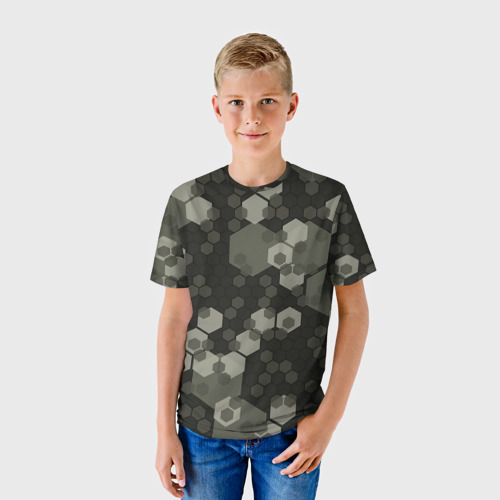 Детская футболка 3D с принтом Зеленый камуфляж из сот, фото на моделе #1