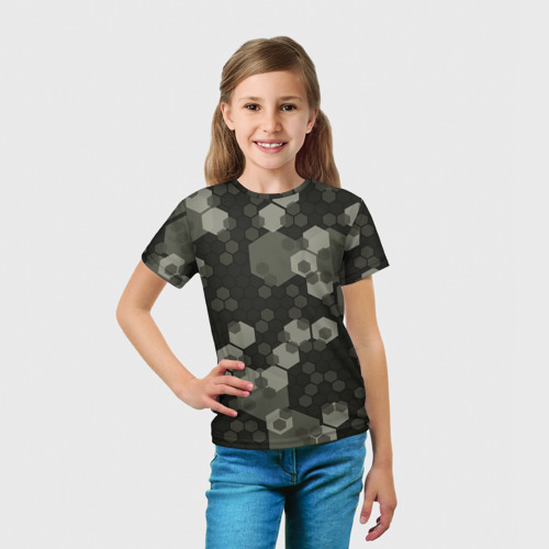 Детская футболка 3D с принтом Зеленый камуфляж из сот, вид сбоку #3