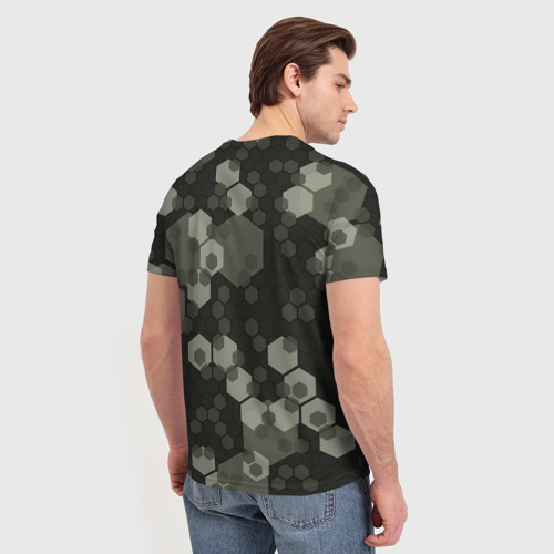 Мужская футболка 3D с принтом Зеленый камуфляж из сот, вид сзади #2