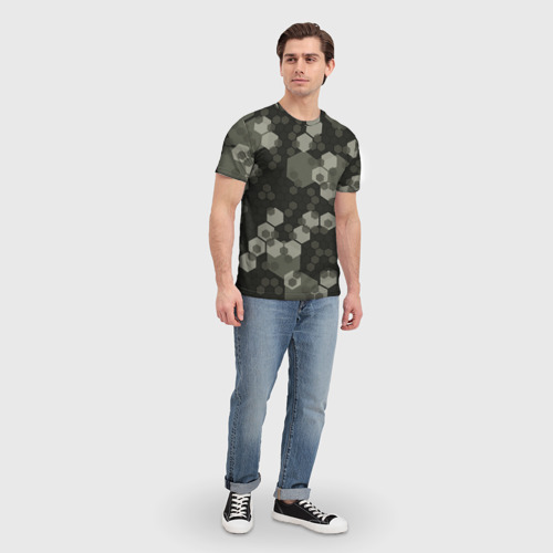 Мужская футболка 3D с принтом Зеленый камуфляж из сот, вид сбоку #3