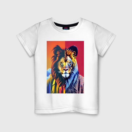 Детская футболка из хлопка с принтом Модный лев - искусство, вид спереди №1