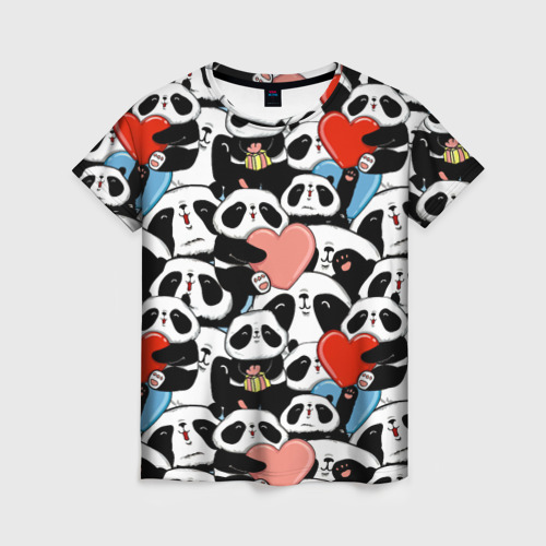 Женская футболка с принтом Панды с сердечками, вид спереди №1