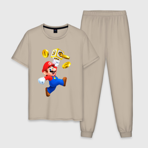 Мужская пижама хлопок с принтом Марио сбивает монетки, вид спереди #2