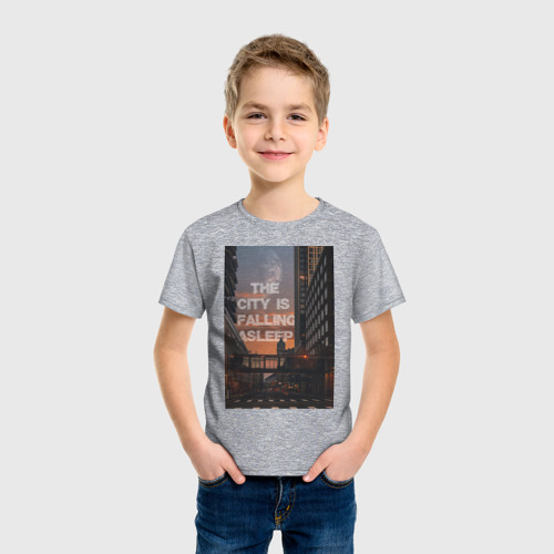 Детская футболка хлопок с принтом Надпись город засыпает, фото на моделе #1