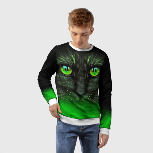Детский свитшот 3D Черный кот с зеленым цветом, цвет 3D печать - фото 3
