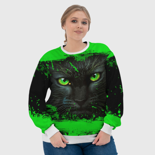Женский свитшот 3D Черный кот с зеленой краской, цвет 3D печать - фото 6