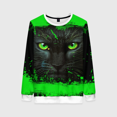 Женский свитшот 3D Черный кот с зеленой краской, цвет 3D печать