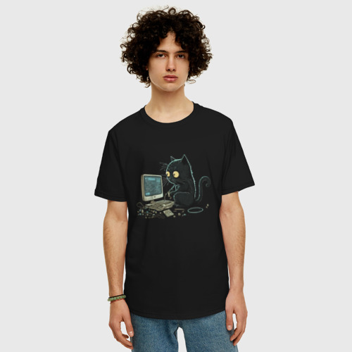 Мужская футболка хлопок Oversize с принтом Пушистый программист, фото на моделе #1