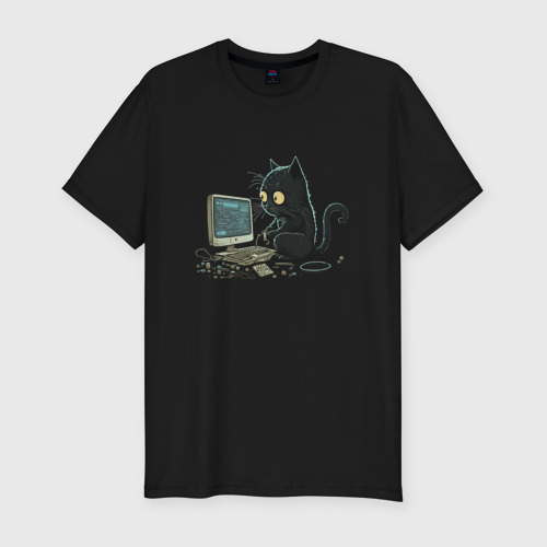 Мужская приталенная футболка из хлопка с принтом Пушистый программист, вид спереди №1