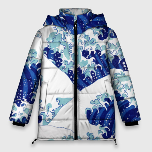 Женская зимняя куртка оверсайз с принтом Японская графика волна паттерн, вид спереди №1