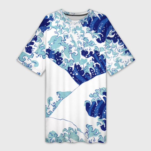 Платье-футболка с принтом Японская графика волна паттерн, вид спереди №1