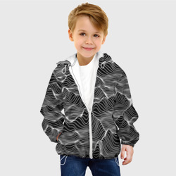 Куртка с принтом Авангардный растровый пейзаж из линий для ребенка, вид на модели спереди №2. Цвет основы: белый