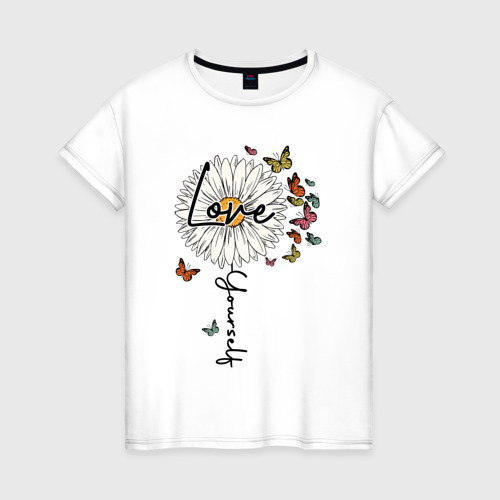 Женская футболка из хлопка с принтом Love yourself inscription, вид спереди №1