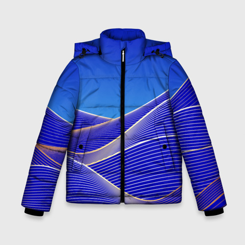 Зимняя куртка для мальчиков с принтом Волновая синяя композиция, вид спереди №1