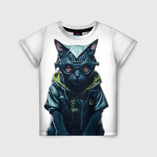 Детская футболка 3D с принтом Киберпанк кот в спортивной одежде, вид спереди #2