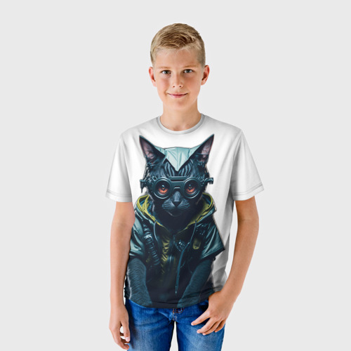 Детская футболка 3D с принтом Киберпанк кот в спортивной одежде, фото на моделе #1