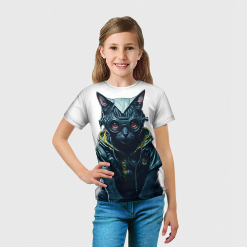 Детская футболка 3D с принтом Киберпанк кот в спортивной одежде, вид сбоку #3