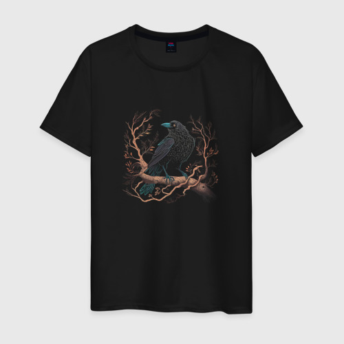 Мужская футболка хлопок Crow on a branch, цвет черный