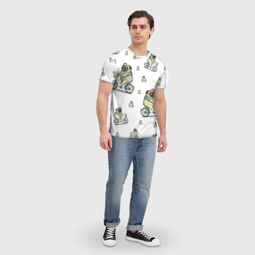 Мужская футболка 3D с принтом Мопс на прогулке, вид сбоку #3