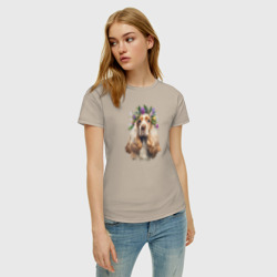 Женская футболка хлопок Спаниель в венке из цветов - фото 2
