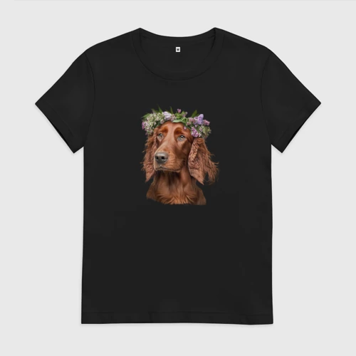 Женская футболка хлопок с принтом Ирландский сеттер в венке из цветов, вид спереди #2