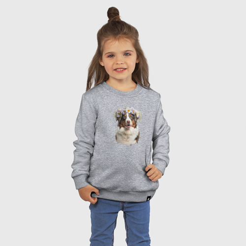 Детский свитшот хлопок с принтом Австралийская овчарка в венке из цветов, фото на моделе #1