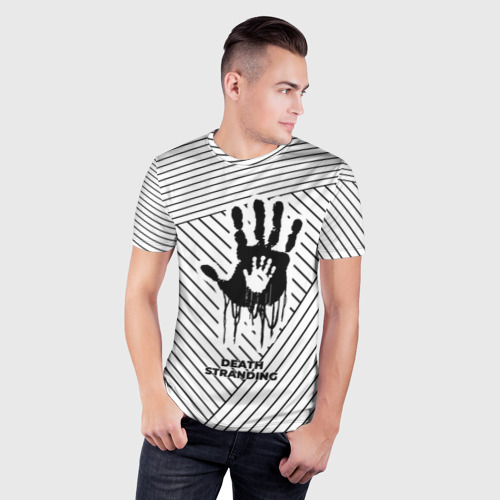 Мужская футболка 3D Slim с принтом Символ Death Stranding на светлом фоне с полосами, фото на моделе #1