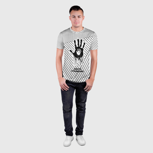 Мужская футболка 3D Slim с принтом Символ Death Stranding на светлом фоне с полосами, вид сбоку #3