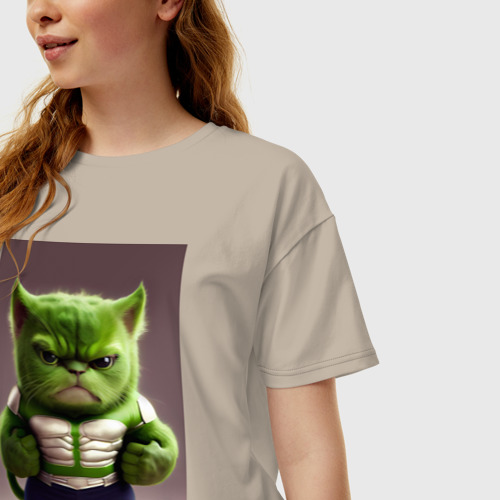 Женская футболка хлопок Oversize Злой котик, цвет миндальный - фото 3