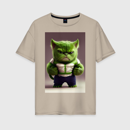 Женская футболка хлопок Oversize Злой котик, цвет миндальный