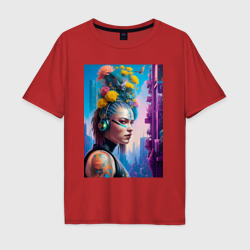 Girl in headphones - cyberpunk – Мужская футболка хлопок Oversize с принтом купить со скидкой в -16%