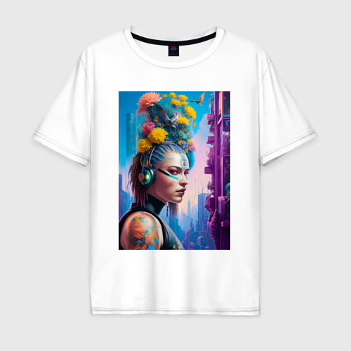 Мужская футболка из хлопка оверсайз с принтом Girl in headphones - cyberpunk, вид спереди №1