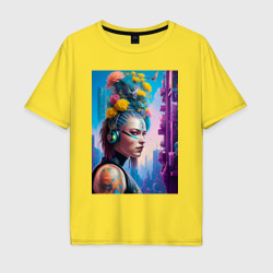 Girl in headphones - cyberpunk – Мужская футболка хлопок Oversize с принтом купить со скидкой в -16%