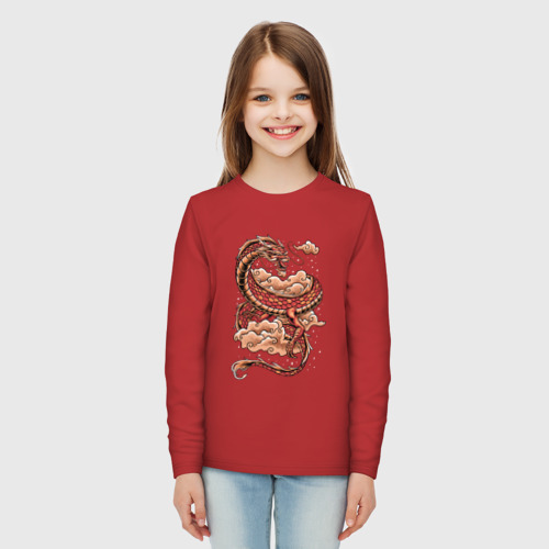 Детский лонгслив хлопок с принтом Красный Китайский дракон, вид сбоку #3