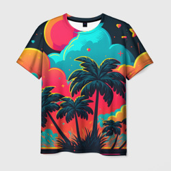 Мужская футболка 3D Неоновые пальмы на закате
