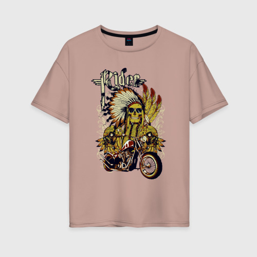 Женская футболка хлопок Oversize Скелет индейца в перьях и мотоцикл rider , цвет пыльно-розовый