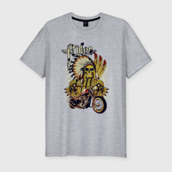 Мужская футболка хлопок Slim Скелет индейца в перьях и мотоцикл rider 