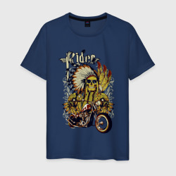 Мужская футболка хлопок Скелет индейца в перьях и мотоцикл rider 
