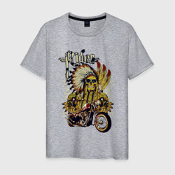Мужская футболка хлопок Скелет индейца в перьях и мотоцикл rider 