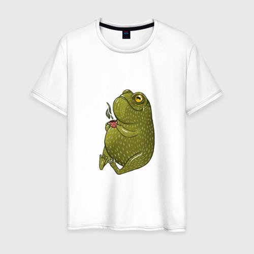Мужская футболка из хлопка с принтом Чаепитие лягушки, вид спереди №1